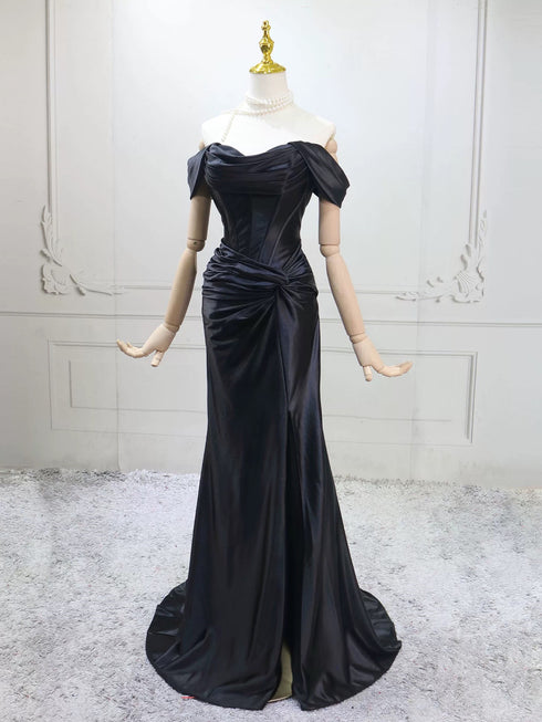 Black Mermaid Satin Off Shoulder Lace-up Prom Dress, Black Satin Long Evening Dress