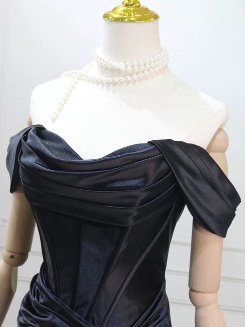 Black Mermaid Satin Off Shoulder Lace-up Prom Dress, Black Satin Long Evening Dress