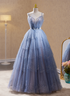 Light Blue Tulle Beaded Long Formal Dress, Light Blue Shiny Tulle Evening Dress Prom Dress