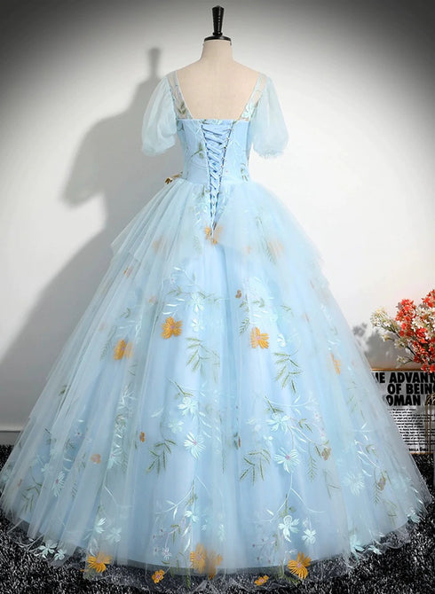 Beautiful Blue Tulle Short Sleeves Sweet 16 Dress with Bow, Blue Formal Gown