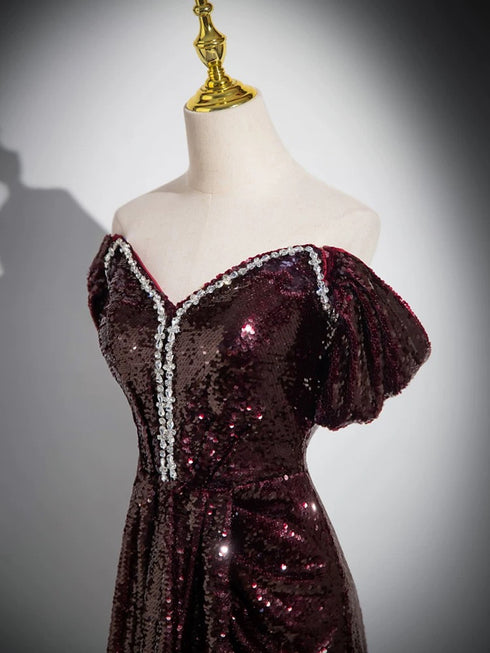 A-line Maroon Sequins Beaded Long Party Dress, Maroon Simple Prom Dress