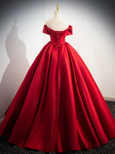Red Satin Off Shoulder Lace-up Long Formal Dress, Red Satin Prom Dress