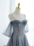 Off-Shoulder Glitter Blue Tulle A-Line Evening Dress, Blue Prom Dress with Puff Sleeves