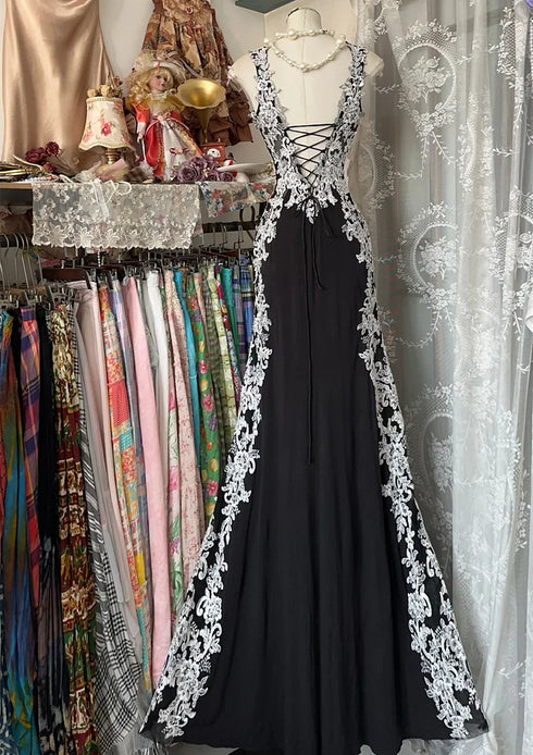 Black Mermaid Spandex Straps with Lace Formal Dress, Black Long Evening Dress Prom Dress
