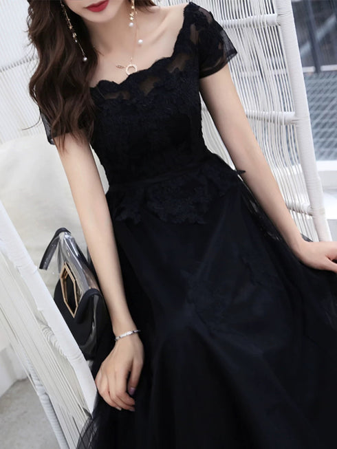 Black A-line Tulle with Lace Applique Party Dress, Black Tulle Long Prom Dress Evening Dress