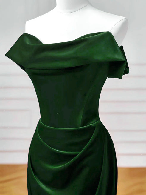 Green Velvet Mermaid Off Shoulder Long Formal Dress, Green Velvet Prom Dress Evening Dress