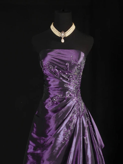 Purple Taffeta Beaded A-Line Strapless Long Party Dress, Purple Beaded Scoop Prom Dress