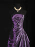 Purple Taffeta Beaded A-Line Strapless Long Party Dress, Purple Beaded Scoop Prom Dress
