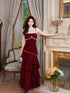 Wine Red Beaded Velvet Layers Straps Long Formal Dress, Wine Red Velvet Long Prom Dress