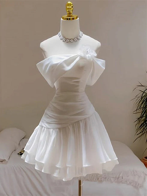 White Satin Knee Length Homecoming Dress Party Dress, White Short Off Shoulder Formal Dress