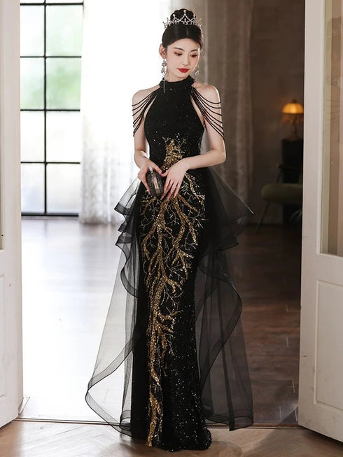 Black Sequines High Neck Formal Evening Gown with Tulle, Tiered Ruffle Tulle Black Prom Dress
