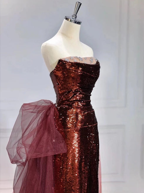 Wine Red Sequins and Tulle Mermaid Long Party Dress, Wine Red Chic Prom Dress