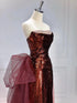 Wine Red Sequins and Tulle Mermaid Long Party Dress, Wine Red Chic Prom Dress