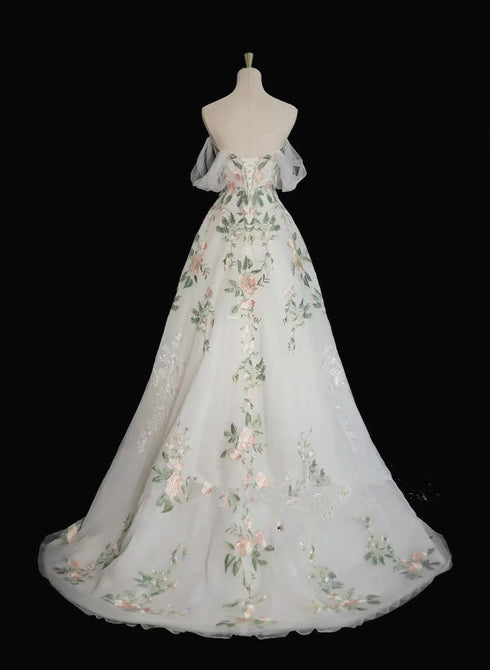 A-line Tulle with Flower Lace White Wedding Party Dress, White Tulle Evening Dress Prom Dress
