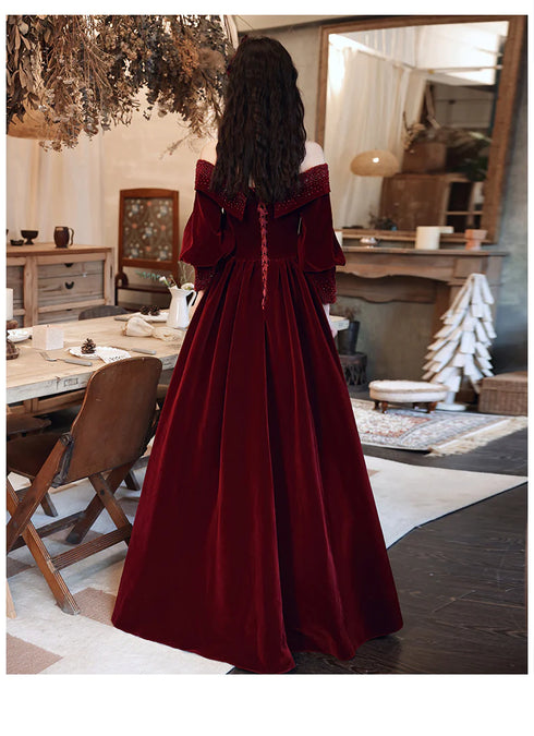 Wine Red Beaded Puffy Sleeves Long Formal Dress, Wine Red Velvet A-line Party Dress