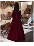 Wine Red Beaded Puffy Sleeves Long Formal Dress, Wine Red Velvet A-line Party Dress