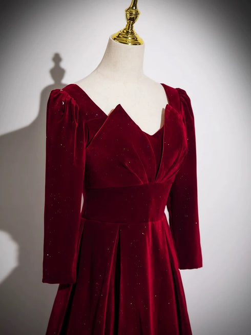 Wine Red Velvet Long Sleeves A-line Floor Length Prom Dress, Wine Red Party Dress