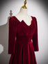 Wine Red Velvet Long Sleeves A-line Floor Length Prom Dress, Wine Red Party Dress