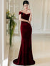 Wine Red Mermaid Off Shoulder Velvet Evening Dress, Wine Red Velvet Prom Dress