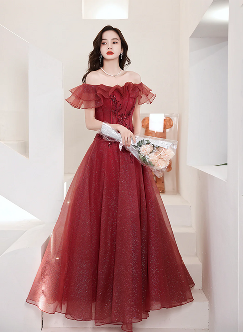 Lovely Wine Red Off Shoulder Tulle with Beadings Party Dress, Wine Red Long Prom Dress