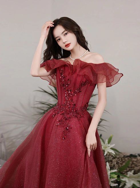 Lovely Wine Red Off Shoulder Tulle with Beadings Party Dress, Wine Red Long Prom Dress