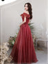 Lovely Wine Red Off Shoulder Tulle with Beadings Party Dress, Wine Red Long Prom Dress