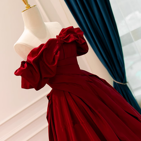 Wine Red Satin Off Shoulder Long Party Dress, A-line Wine Red Sweetheart Formal Dress