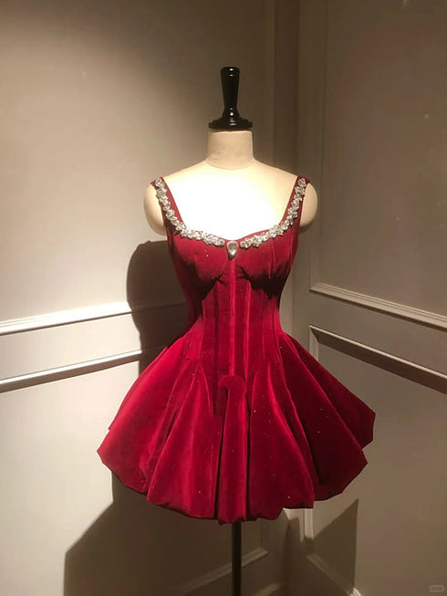 Lovely Wine Red A Line Straps Beaded Velvet Short Prom Dress, Wine Red Homecoming Dress