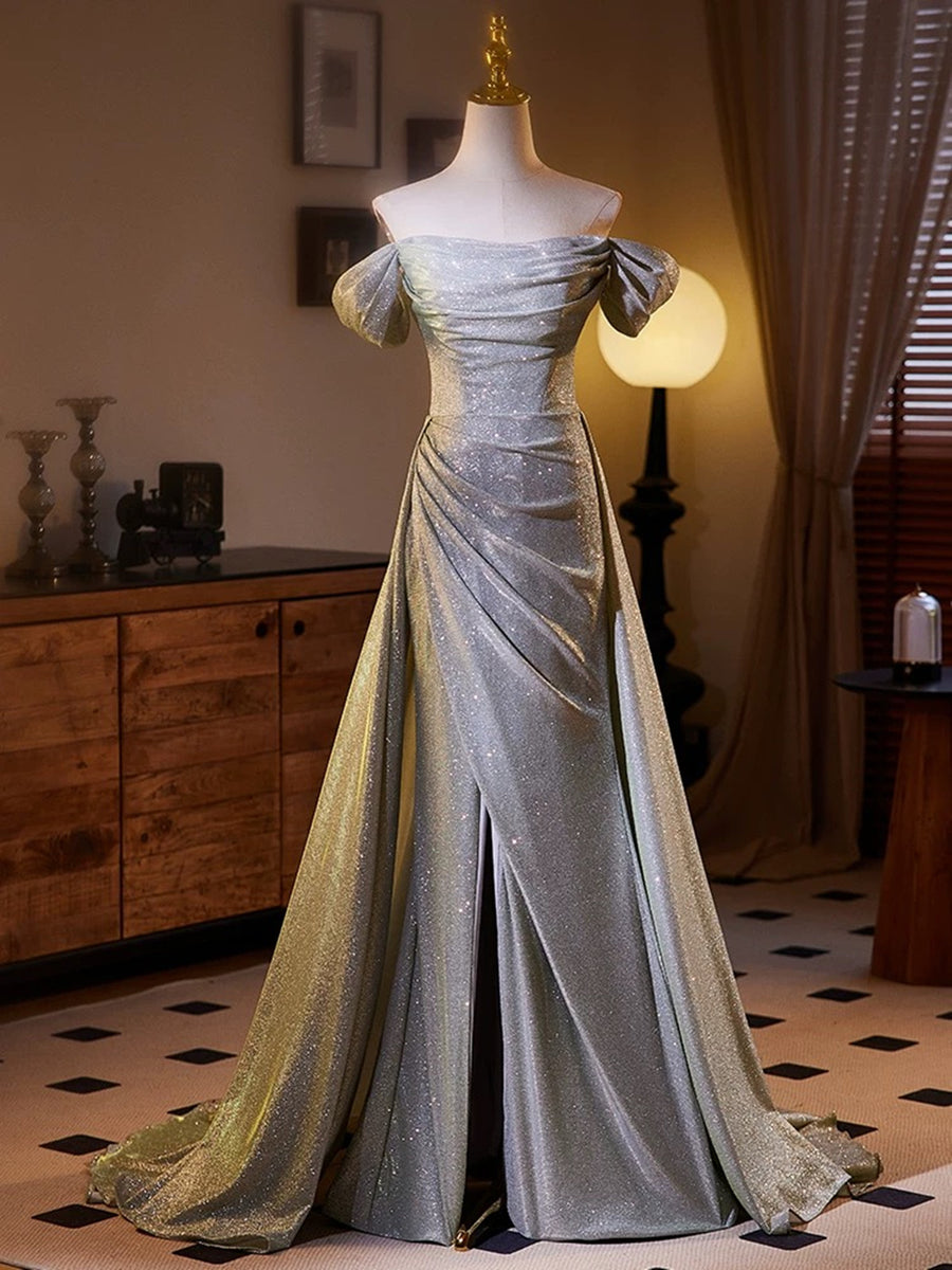 Sliver Sequins A-line Long Formal Dress, Shiny Off the Shoulder Evening Party Dress US 8 / Silver