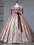 Floral Princess Gown with Burgundy Bows And Puff Sleeves, V-neckline Prom Dress Formal Dress