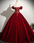 Wine Red Velvet Sweetheart Beaded Party Dress, Wine Red Off Shoulder Evening Dress