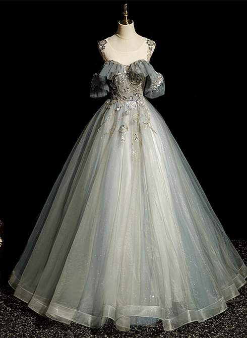 Green Tulle Off Shoulder Ball Gown Beaded Sweet 16 Dress, Green Tulle Formal Dress
