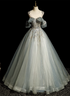 Green Tulle Off Shoulder Ball Gown Beaded Sweet 16 Dress, Green Tulle Formal Dress