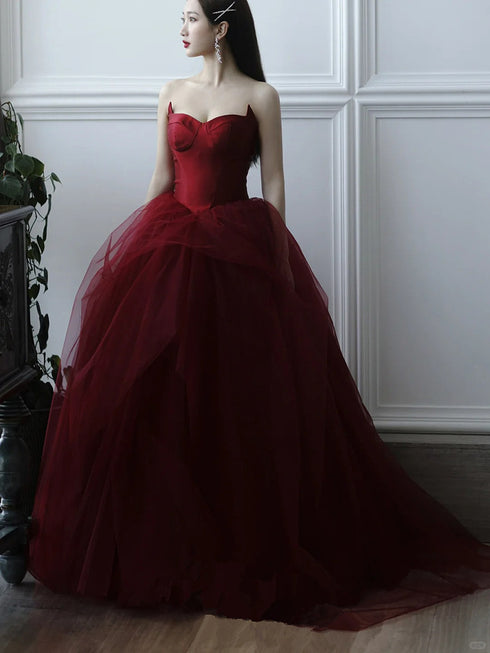 Wine Red Satin and Tulle Sweetheart Party Dress, Wine Red Prom Dress Evening Dress