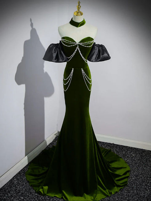 Green Velvet Sweetheart Mermaid Party Dress, Off Shoulder Green Velvet Prom Dress