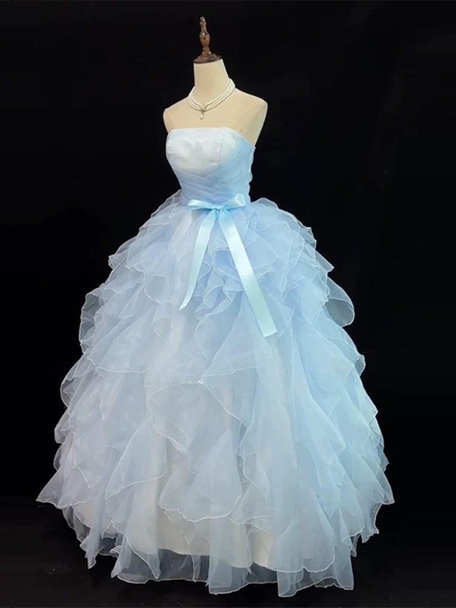 Light Blue Strapless Long Formal Gown, Light Blue Sweet 16 Formal Dres