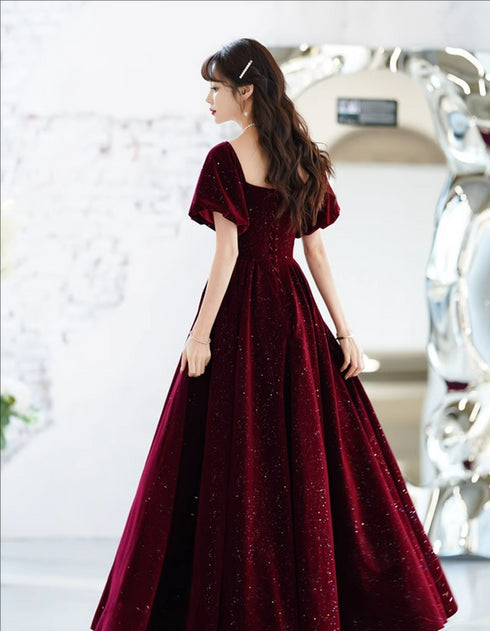 Wine Red Long Velvet Short Sleeves Party Dress, Wine Red Velvet Prom Dress