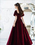 Wine Red Long Velvet Short Sleeves Party Dress, Wine Red Velvet Prom Dress