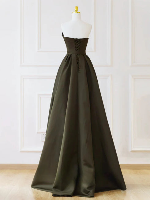Green Satin V-neckline A-line Floor Length Party Dress, Green Satin Prom Dress
