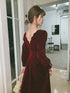 Wine Red Velvet Long Sleeves Party Dress, Wine Red V-neckline Prom Dress Evening Dress