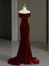 Wine Red Mermaid Off Shoulder Long Formal Dress, Wine Red Velvet Prom Dress