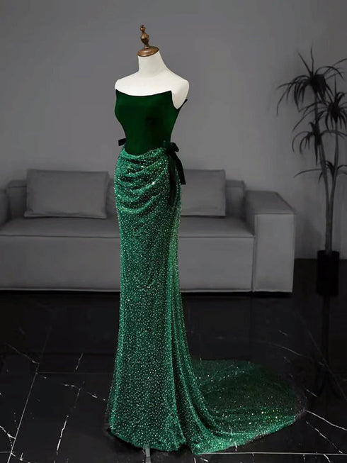 Green Strapless Velvet and Sequins Long Party Dress, Green Mermaid Long Prom Dress