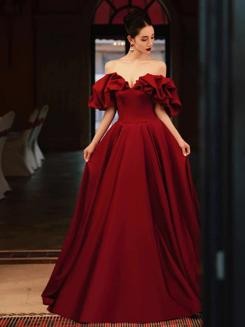 Wine Red Satin Off Shoulder Long Party Dress, Simple Wine Red Prom Dress
