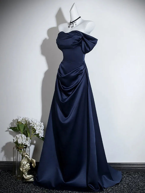 Navy Blue Satin A-line Off Shoulder Prom Dress, Blue Satin Sweetheart Party Dress
