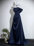 Navy Blue Satin A-line Off Shoulder Prom Dress, Blue Satin Sweetheart Party Dress