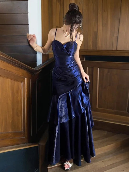Navy Blue Mermaid Sweetheart Straps Long Formal Dress, Navy Blue Sweetheart Prom Dress