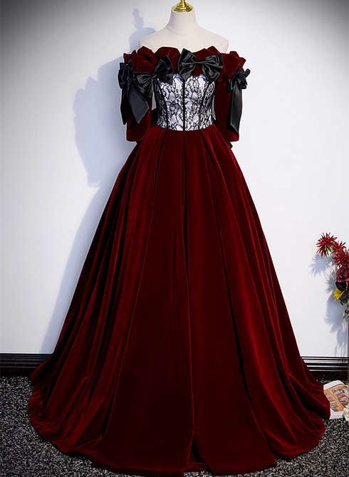 Wine Red Velvet Off Shoulder Party Dress with Bow, Wine Red Velvet Long Prom Dress