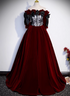 Wine Red Velvet Off Shoulder Party Dress with Bow, Wine Red Velvet Long Prom Dress