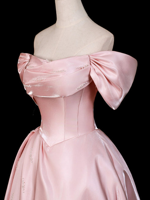 Pink Off Shoulder Beaded A-line Satin Prom Dress, Pink Satin Floor Length Formal Dress