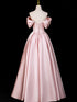 Pink Off Shoulder Beaded A-line Satin Prom Dress, Pink Satin Floor Length Formal Dress